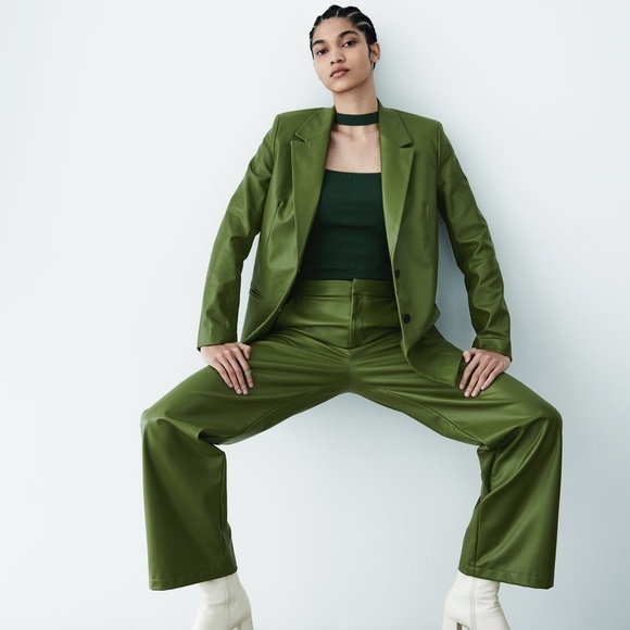 ZARA 2pcs Faux Leather Blazer + Full Length Faux Leather Pants Green BNWT - Picture 1 of 8